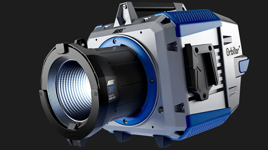 ARRI Orbiter professional LED production light fixture with a 30-degree open face optic element against a dark background.
