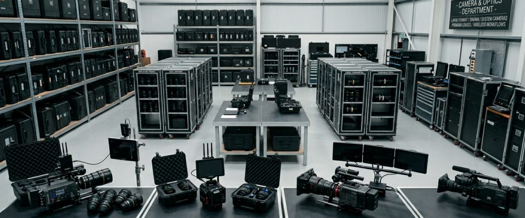 High-end film camera rental warehouse facility with cinema cameras, lenses, flight cases, and equipment shelving.