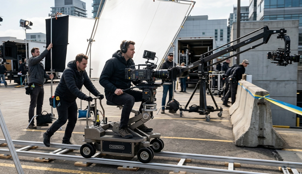 Camera operator riding a Chapman dolly on tracks with a grip pushing, filming on an outdoor urban location set.