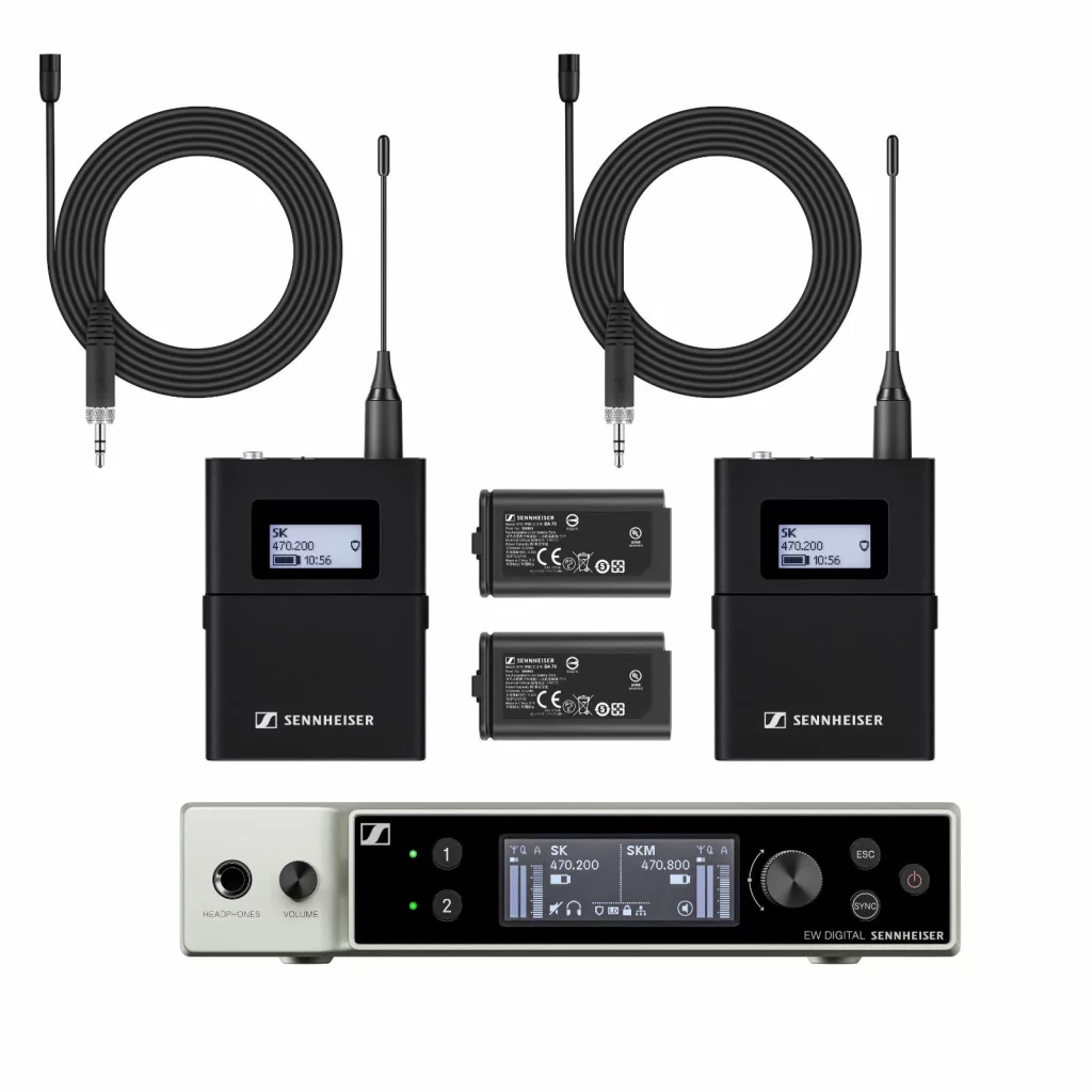 Sennheiser EW-DX professional dual-channel wireless microphone system with bodypack transmitters, lavalier mics, and receiver.